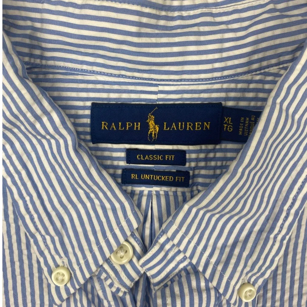 Ralph Lauren Mens XL Seersucker Shirt Blue White Stripe RL Untucked Classic Fit